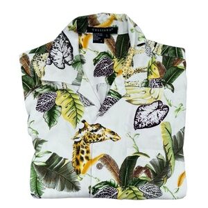 TULLIANO OFF WHITE SILK GIRAFFE & TROPICAL PRINT SHORT SLEEVE CAMP SHIRT